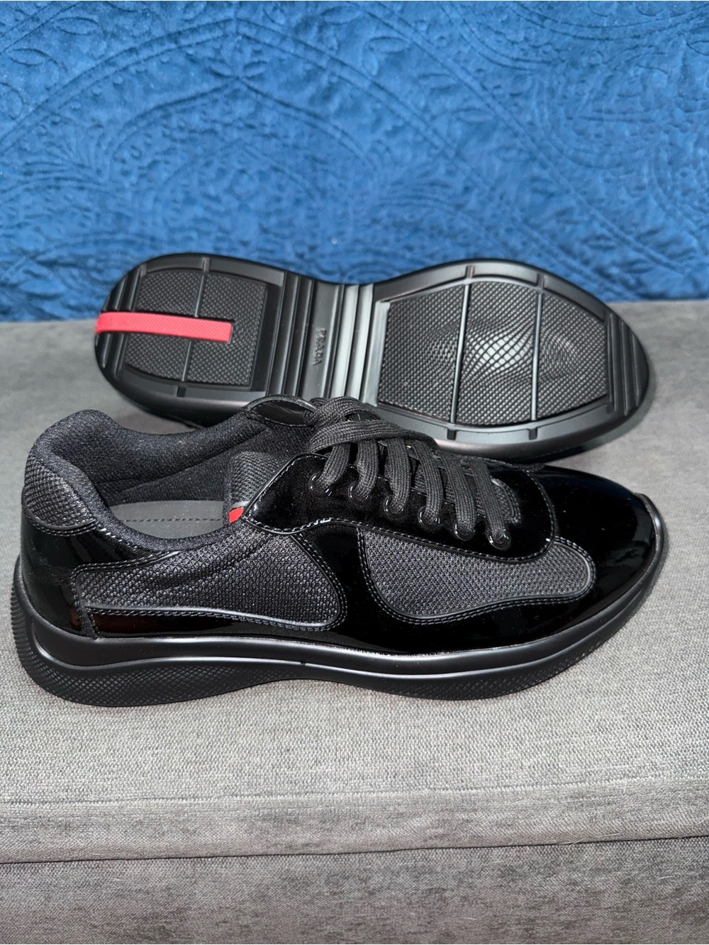 Prada Black Patent and Mesh Low-Top Sneakers with Red Accent